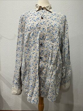 EUC Magnolia Pearl blue yellow Floral Button-Up Boyfriend Blouse shirt tunic